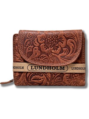 Lundholm Lundholm portemonnee dames overslag bloemenpatroon - Leren portefeuille dames topkwaliteit - overslagportemonnee dames | Scandinavisch design - Eikefjord serie | RFID Safe - Cognac