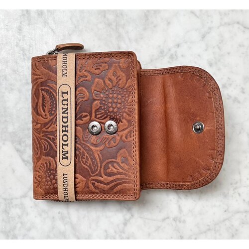 Lundholm Lundholm portemonnee dames overslag bloemenpatroon - Leren portefeuille dames topkwaliteit - overslagportemonnee dames | Scandinavisch design - Eikefjord serie | RFID Safe - Cognac