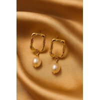 Lundholm Oorbellen Dames – Premium Stainless Steel Gold PVD Plated – Geometrisch Design Oorstekers met Imitatieparel (3.4 cm)