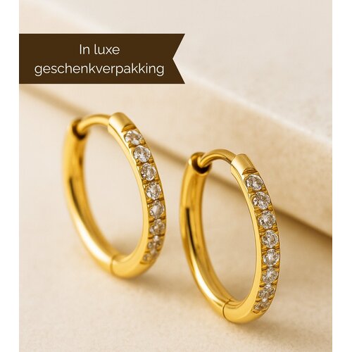 Lundholm Lundholm Luxe Oorringen Dames Goudkleurig Zirkonia – Premium Stainless Steel Gold PVD Plated – Hoops met Zirkonia Steentjes (Ø 18 mm) – Waterproof & Hypoallergeen – Inclusief Luxe Geschenkverpakking