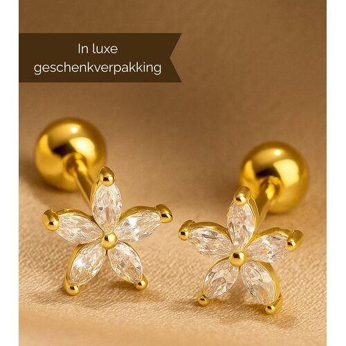 Lundholm Lundholm Luxe 925 Sterling Zilver Gold Plated Kleine Oorbellen Dames Bloem - Gouden Oorknopjes Bloemen Design Minimalistisch - Vrouwen Cadeautjes - Scandinavisch Design