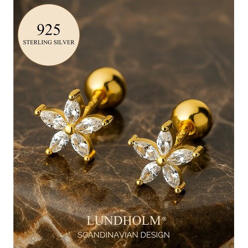 Lundholm Lundholm Luxe 925 Sterling Zilver Gold Plated Kleine Oorbellen Dames Bloem - Gouden Oorknopjes Bloemen Design Minimalistisch - Vrouwen Cadeautjes - Scandinavisch Design