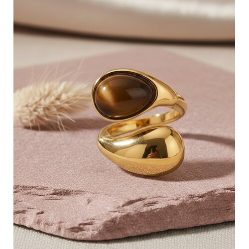 Lundholm Lundholm Luxe Ring Dames Tijgeroog Statement Ring Goud - Premium Stainless Steel - Verstelbare Ring Tijger Oog Bruin - Vrouwen Cadeautjes - Tiger Serie - Scandinavisch Design