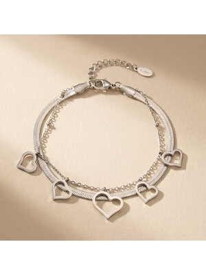 Lundholm Lundholm Liv armband dames – dubbel laags snake chain met hartjes – premium stainless steel – Liv serie – Scandinavisch design – sieraden cadeau voor haar