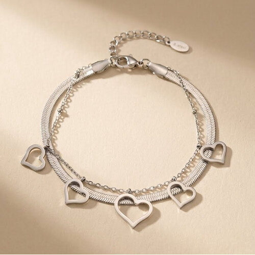 Lundholm Lundholm Liv armband dames – dubbel laags snake chain met hartjes – premium stainless steel – Liv serie – Scandinavisch design – sieraden cadeau voor haar