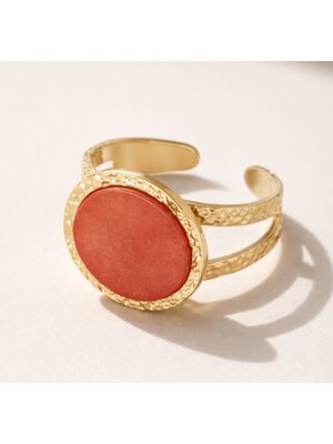 Lundholm Lundholm luxe Ring Dames Goud Kleurig met Natuur Steen Rood Vintage - Verstelbare Ring One Size - Verstelbare Cuff Ring met Grote Natuursteen – Gold Plated PVD Elfride Serie