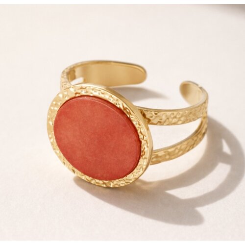 Lundholm Lundholm luxe Ring Dames Goud Kleurig met Natuur Steen Rood Vintage - Verstelbare Ring One Size - Verstelbare Cuff Ring met Grote Natuursteen – Gold Plated PVD Elfride Serie