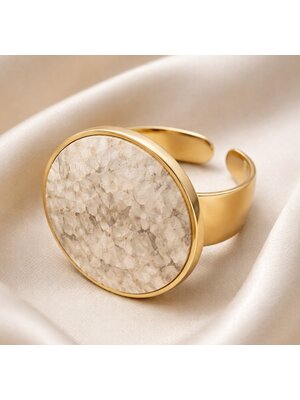 Lundholm Lundholm luxe Ring Dames Goud Kleurig met Natuur Steen - Verstelbare Ring One Size - Verstelbare Cuff Ring met Grote Natuursteen – Gold Plated PVD Amee Serie