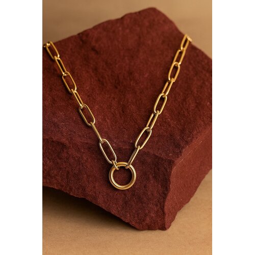 Lundholm Lundholm Ketting Dames Goudkleurig - Premium Stainless Steel - Schakel Ketting Goud - Paperclip Schakelketting 50 + 5 cm met Rond Bedelring voor Hanger Goud Verguld - Elegant & Tijdloos - Elva Serie - uitermate geschikt om cadeau te geven