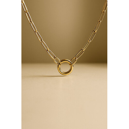 Lundholm Lundholm Ketting Dames Goudkleurig - Premium Stainless Steel - Schakel Ketting Goud - Paperclip Schakelketting 50 + 5 cm met Rond Bedelring voor Hanger Goud Verguld - Elegant & Tijdloos - Elva Serie - uitermate geschikt om cadeau te geven