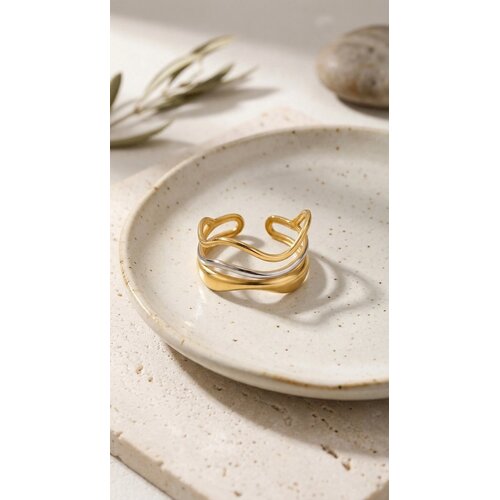 Lundholm Lundholm Lorijn Ring Dames Goud en Zilver kleurig – Premium Stainless Steel 2.5 Micron PVD Gold Plated – Tweekleurige Waves Ring Minimalistische Ring Asymmetrisch – Verstelbaar One Size – Scandinavisch Design