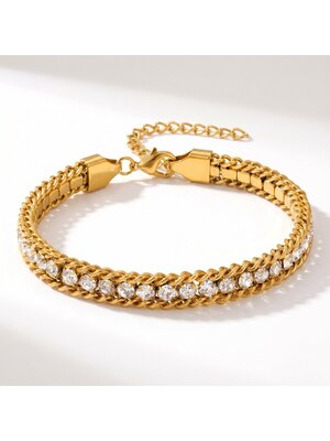 Lundholm Lundholm Iza Armband Dames Goud Kleurig – Premium Stainless Steel 2.5 Micron PVD Gold Plated – Goudkleurige Schakel Armband met Zirkonia Steentjes – 17 + 5 cm – 6 mm – Scandinavisch Design