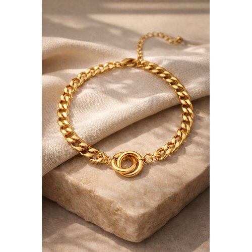 Lundholm Lundholm Armband Dames Goud kleurig Schakelarmband – Premium Stainless Steel Jewellery Gold Plated – Gouden Armband met Verbonden Ringen (16 + 4 cm) - My Tilda Serie - uitermate geschikt om cadeau te geven – Cadeau voor Haar
