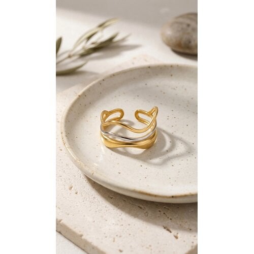 Lundholm Lundholm Lorijn Ring Dames Goud en Zilver kleurig – Premium Stainless Steel 2.5 Micron PVD Gold Plated – Tweekleurige Waves Ring Minimalistische Ring Asymmetrisch – Verstelbaar One Size – Scandinavisch Design