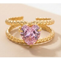 Francine – Adjustable Ring with Pink Heart Stone – Gold-Tone
