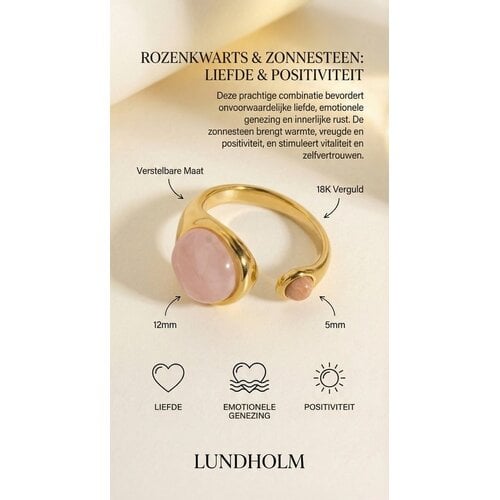 Lundholm Sophia – Adjustable Ring with Rose Quartz – Gold-Tone