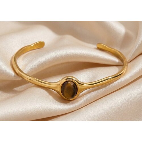 Lundholm Jol – Open Bangle with Tiger's Eye for Women – Gold-Tone Lundholm Jol – Open Bangle with Tiger's Eye for Women – Gold-Tone