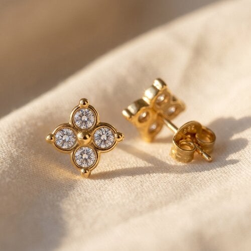 Lundholm Livan – Flower Stud Earrings with Cubic Zirconia – Gold-Tone Lundholm Livan – Flower Stud Earrings with Cubic Zirconia – Gold-Tone
