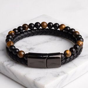 Lundholm Arvid – Men's Faux Leather Bracelet with Tiger's Eye Beads 23 cm – Brown-Black Lundholm Arvid – Men's Faux Leather Bracelet with Tiger's Eye Beads 23 cm – Brown-Black