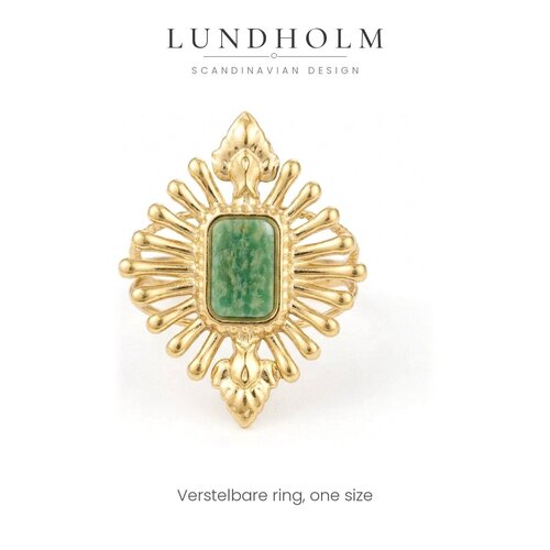 Lundholm Octavia – Vintage Sun Ring with Green Natural Stone – Gold-Tone