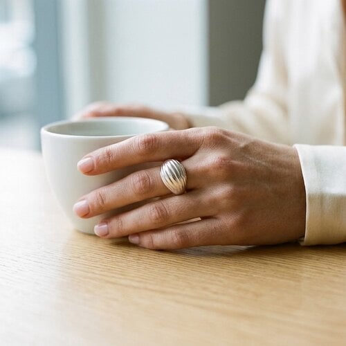 Lundholm Vanja – Chunky Dome Ring with Wave Relief – Silver-Tone Lundholm Vanja – Chunky Dome Ring with Wave Relief – Silver-Tone