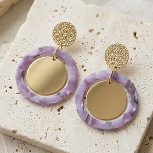 Lundholm Marlene – Statement Drop Earrings with Lilac Ring – Gold-Tone Lundholm Marlene – Statement Drop Earrings with Lilac Ring – Gold-Tone