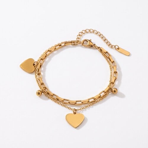 Lundholm Dolly – Double Bracelet with Heart Charms – Gold-Tone Lundholm Dolly – Double Bracelet with Heart Charms – Gold-Tone