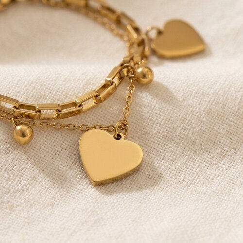 Lundholm Dolly – Double Bracelet with Heart Charms – Gold-Tone Lundholm Dolly – Double Bracelet with Heart Charms – Gold-Tone