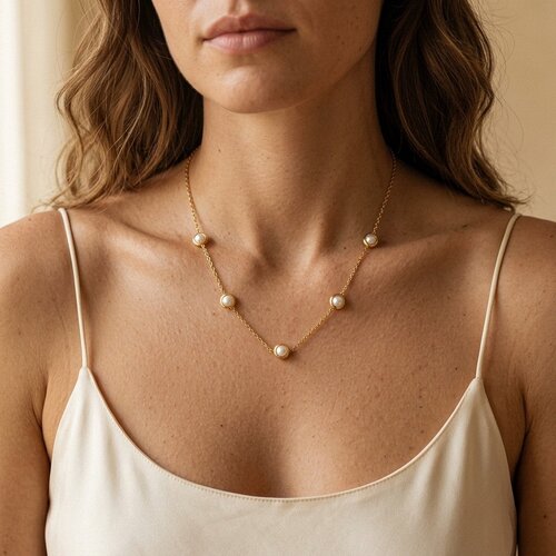 Lundholm Esmee – Necklace with 5 Faux Pearls – Gold-Tone Lundholm Esmee – Necklace with 5 Faux Pearls – Gold-Tone