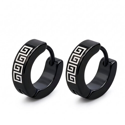 Lundholm Thomas – Men's Hinged Hoop Earrings with Greek Pattern – Black Lundholm Thomas – Men's Hinged Hoop Earrings with Greek Pattern – Black