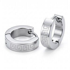 Lundholm Thomas – Men's Hinged Hoop Earrings with Greek Pattern – Silver-Tone Lundholm Thomas – Men's Hinged Hoop Earrings with Greek Pattern – Silver-Tone