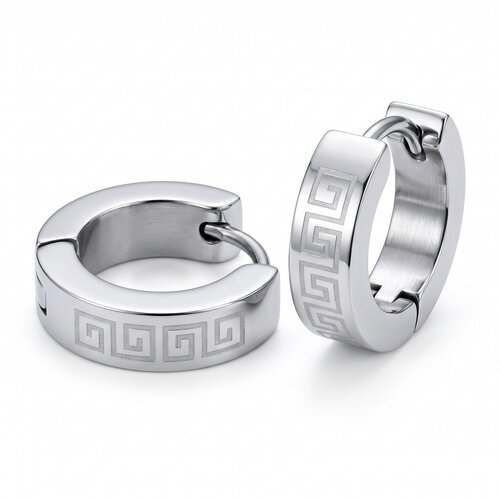 Lundholm Thomas – Men's Hinged Hoop Earrings with Greek Pattern – Silver-Tone Lundholm Thomas – Men's Hinged Hoop Earrings with Greek Pattern – Silver-Tone