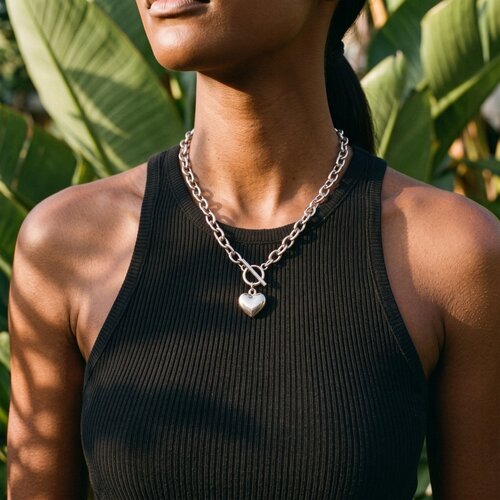 Lundholm Nanna – Heart Necklace with Toggle Clasp – Silver-Tone Lundholm Nanna – Heart Necklace with Toggle Clasp – Silver-Tone