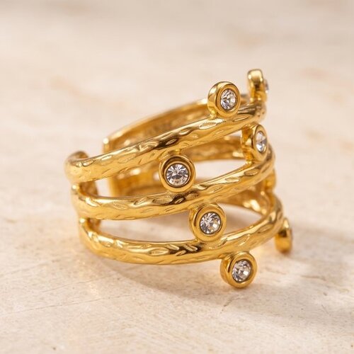 Lundholm Solange – Adjustable Ring with Zirconia Stones – Gold-Tone