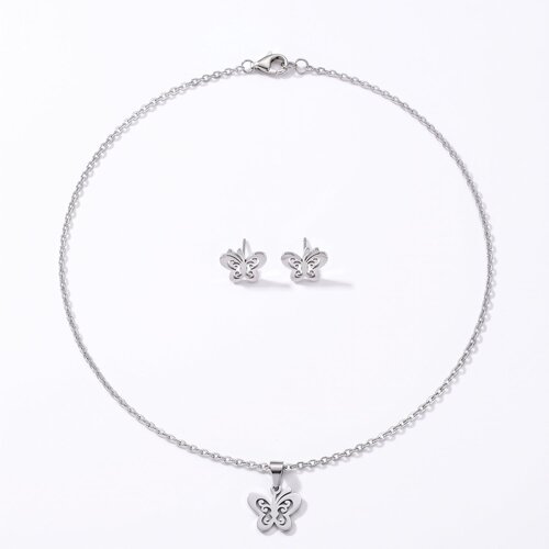 Lundholm Edda – Butterfly Necklace & Stud Earrings Set – Silver-Tone