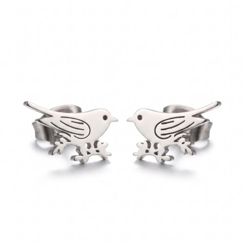 Lundholm Birdie – Bird on a Branch Stud Earrings – Silver-Tone Lundholm Birdie – Bird on a Branch Stud Earrings – Silver-Tone