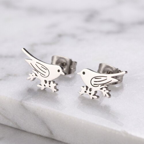 Lundholm Birdie – Bird on a Branch Stud Earrings – Silver-Tone Lundholm Birdie – Bird on a Branch Stud Earrings – Silver-Tone
