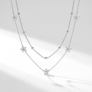 Lundholm Alessandra – Double Layer Necklace with Flowers – Silver-Tone Lundholm Alessandra – Double Layer Necklace with Flowers – Silver-Tone