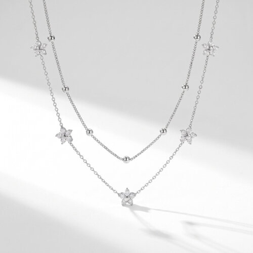 Lundholm Alessandra – Double Layer Necklace with Flowers – Silver-Tone Lundholm Alessandra – Double Layer Necklace with Flowers – Silver-Tone