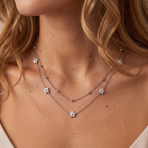 Lundholm Alessandra – Double Layer Necklace with Flowers – Silver-Tone Lundholm Alessandra – Double Layer Necklace with Flowers – Silver-Tone