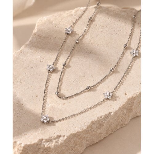 Lundholm Alessandra – Double Layer Necklace with Flowers – Silver-Tone Lundholm Alessandra – Double Layer Necklace with Flowers – Silver-Tone