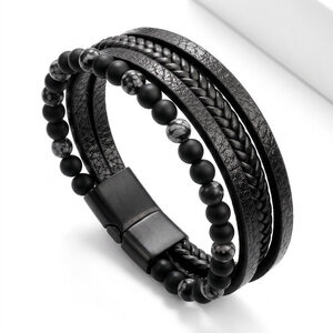 Lundholm Björn – Men's Beaded Bracelet Snowflake Obsidian 8 mm – Black and White Lundholm Björn – Men's Beaded Bracelet Snowflake Obsidian 8 mm – Black and White