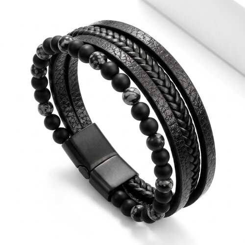 Lundholm Björn – Men's Beaded Bracelet Snowflake Obsidian 8 mm – Black and White Lundholm Björn – Men's Beaded Bracelet Snowflake Obsidian 8 mm – Black and White
