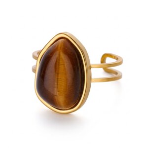 Lundholm Rosan – Adjustable Statement Ring with Natural Stone – Tiger's Eye – Gold-Tone Lundholm Rosan – Adjustable Statement Ring with Natural Stone – Tiger's Eye – Gold-Tone