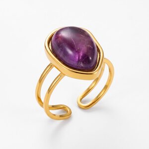 Lundholm Rosan – Adjustable Statement Ring with Natural Stone – Purple Stone – Gold-Tone Lundholm Rosan – Adjustable Statement Ring with Natural Stone – Purple Stone – Gold-Tone