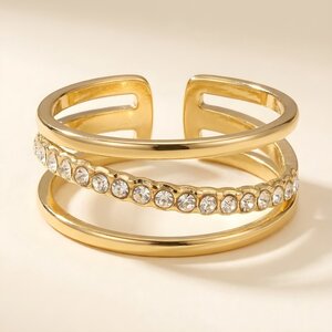 Lundholm Ziva – Adjustable Three-Layer Ring with Cubic Zirconia – Gold-Tone Lundholm Ziva – Adjustable Three-Layer Ring with Cubic Zirconia – Gold-Tone