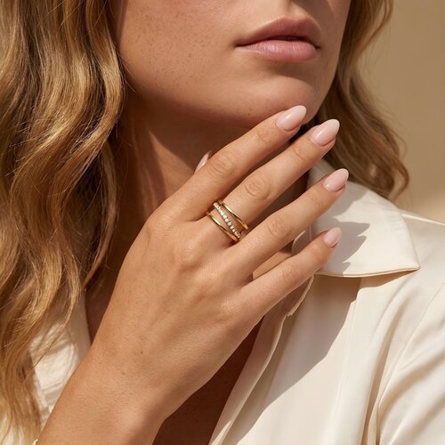 Lundholm Ziva – Adjustable Three-Layer Ring with Cubic Zirconia – Gold-Tone Lundholm Ziva – Adjustable Three-Layer Ring with Cubic Zirconia – Gold-Tone