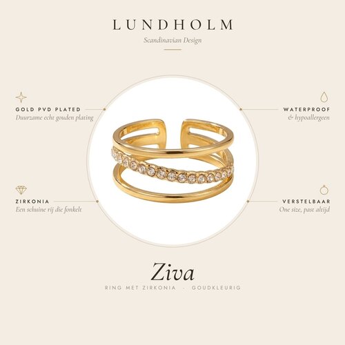 Lundholm Ziva – Adjustable Three-Layer Ring with Cubic Zirconia – Gold-Tone Lundholm Ziva – Adjustable Three-Layer Ring with Cubic Zirconia – Gold-Tone