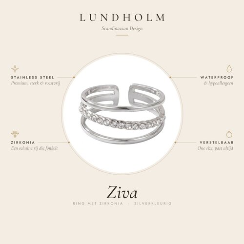 Lundholm Ziva – Adjustable Three-Layer Ring with Cubic Zirconia – Silver-Tone Lundholm Ziva – Adjustable Three-Layer Ring with Cubic Zirconia – Silver-Tone