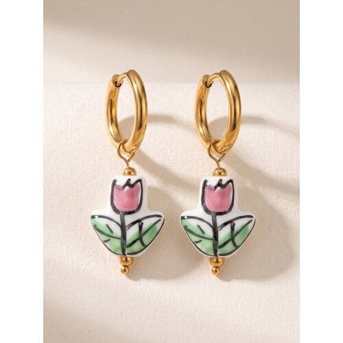 Lundholm Saartje – Huggie Hoops with Tulip Charms – Gold-Tone Lundholm Saartje – Huggie Hoops with Tulip Charms – Gold-Tone